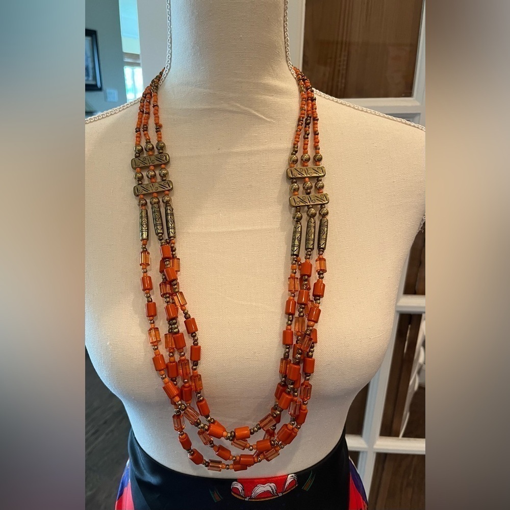 Orange Multi Layered Beaded Necklace 4 Rows beautiful beads Bronze accent Beads